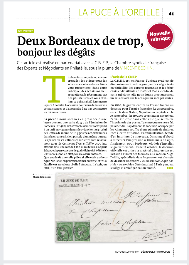 article Deux Bordeaux de trop, bonjour les dégâts (L'Echo de la Timbrologie, novembre 2019)