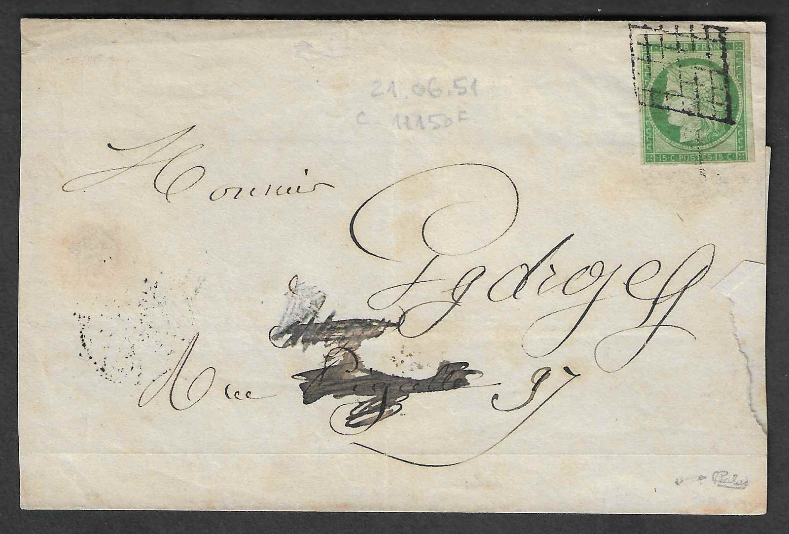 N° 2 - Cérès - 15 c. vert - oblitéré sur lettre - signé Calves