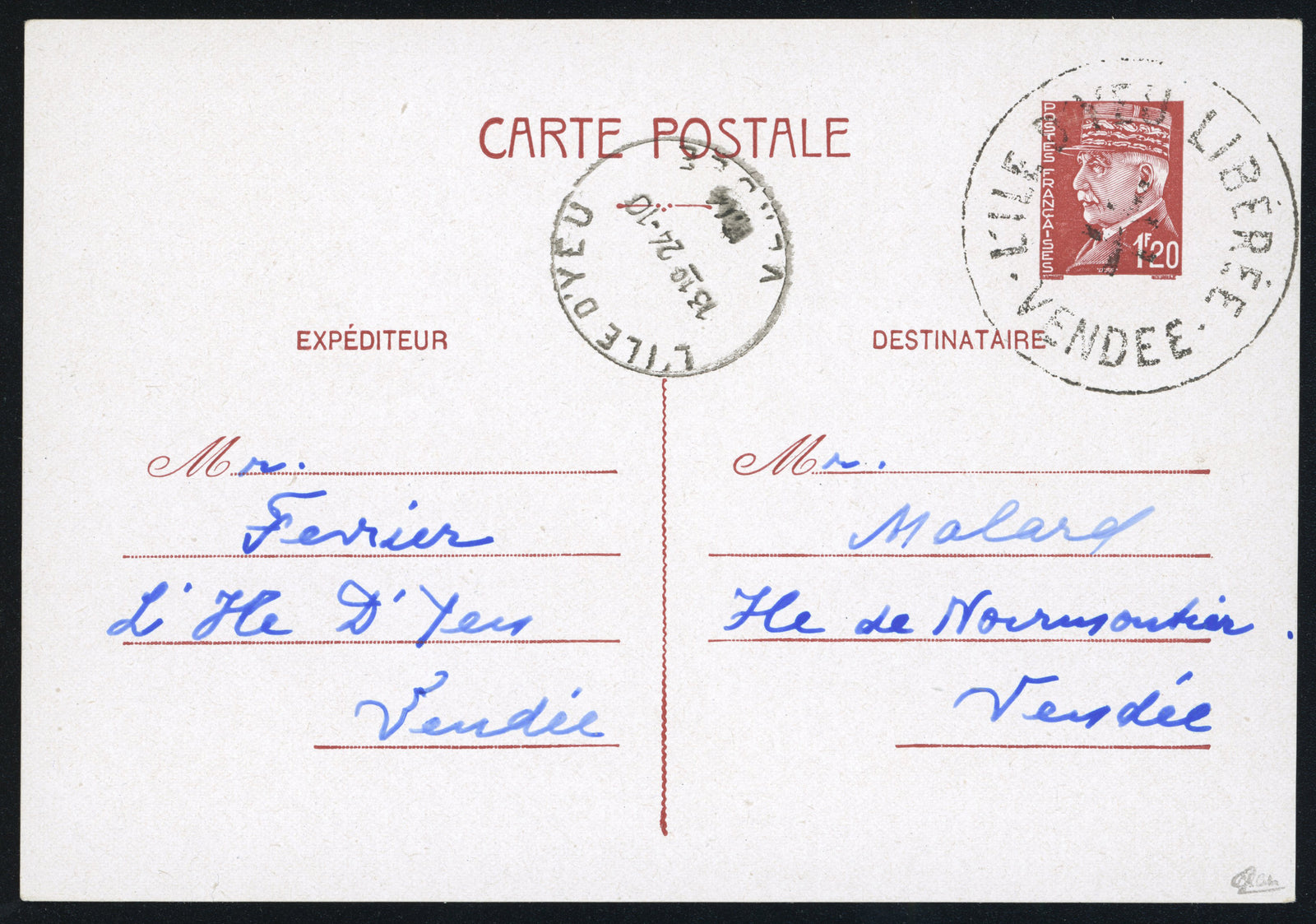 Libération de l'île d'Yeu - n°10 - entier postal - oblitéré - TB - signé Calves