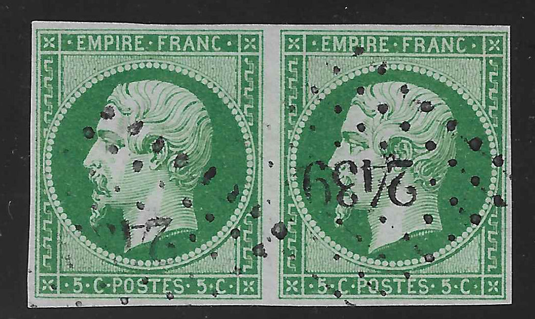 N°12b - Empire - 5 c. vert-foncé - paire horizontale - oblitérée - SUP - signée Calves
