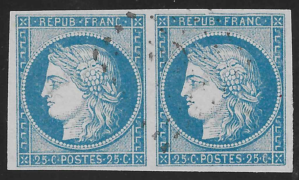 N° 4f - Cérès - 25 c. bleu clair - paire horizontale - oblitérée - SUP - signée Calves
