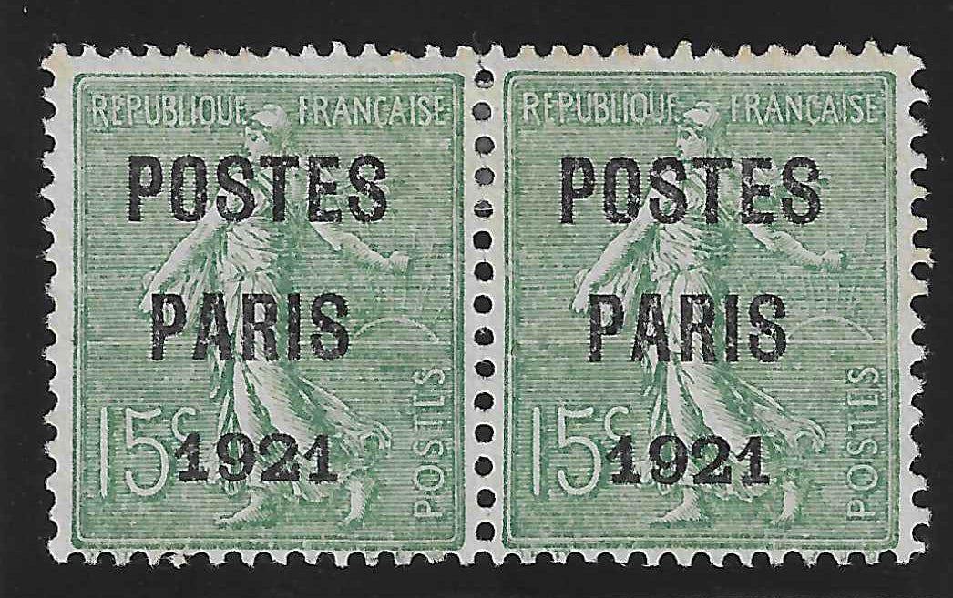 Préoblitéré n°28 - Postes Paris 1921 - paire horizontale - sans gomme - TB - signée Calves