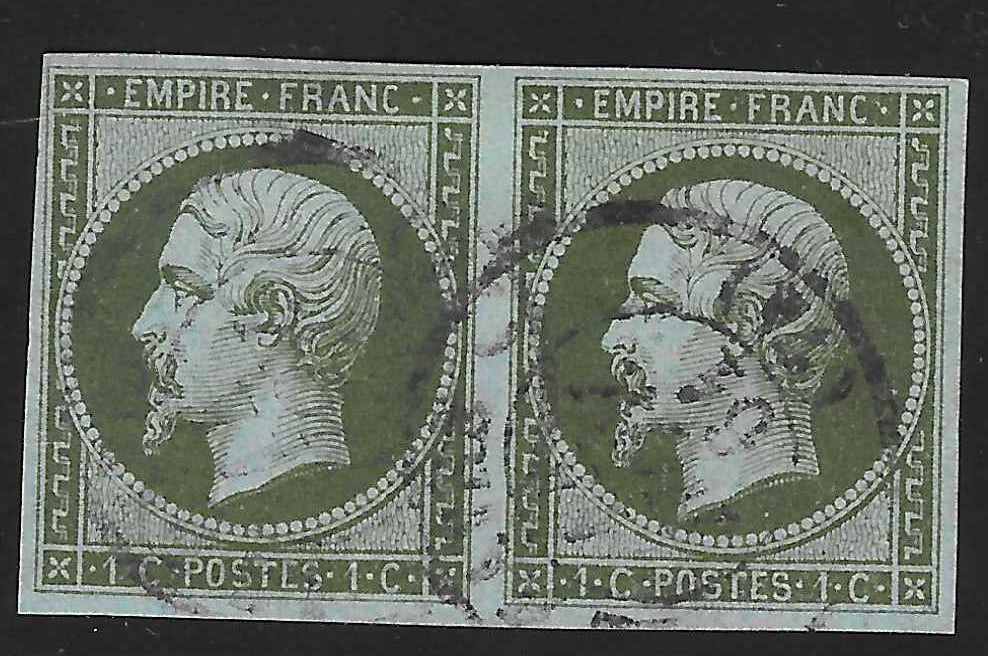 N°11 - Empire - 1 c. olive - paire horizontale - oblitérée - TB - signée Calves