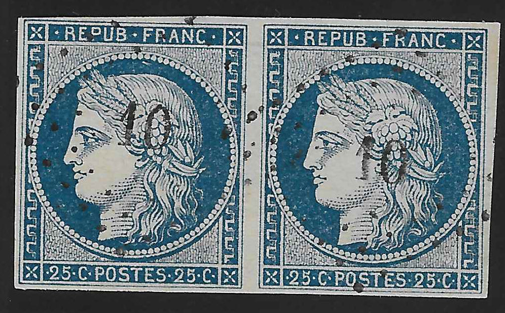 N° 4 - Cérès - 25 c. bleu - paire horizontale - oblitérée - TB - signée Calves