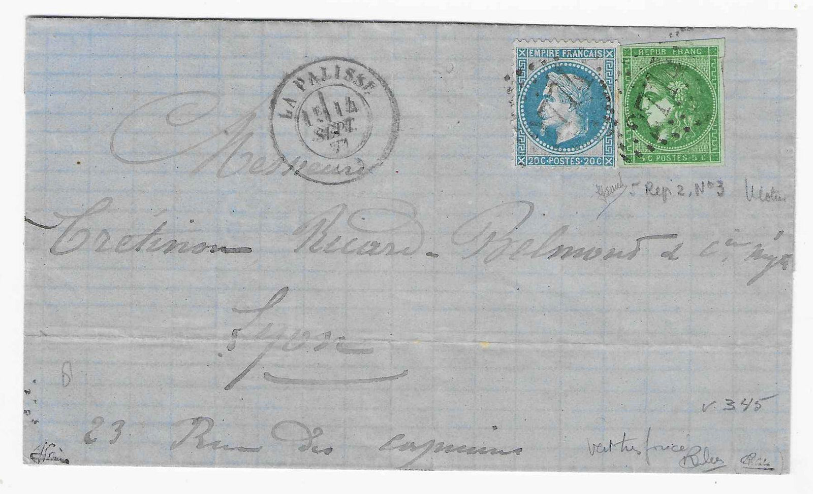 N°42Be - Emission de Bordeaux - 5 c. vert très foncé report 2 - sur lettre - SUP - signée Calves, Brun et Jamet et avec certificats papier Calves et Roumet HP