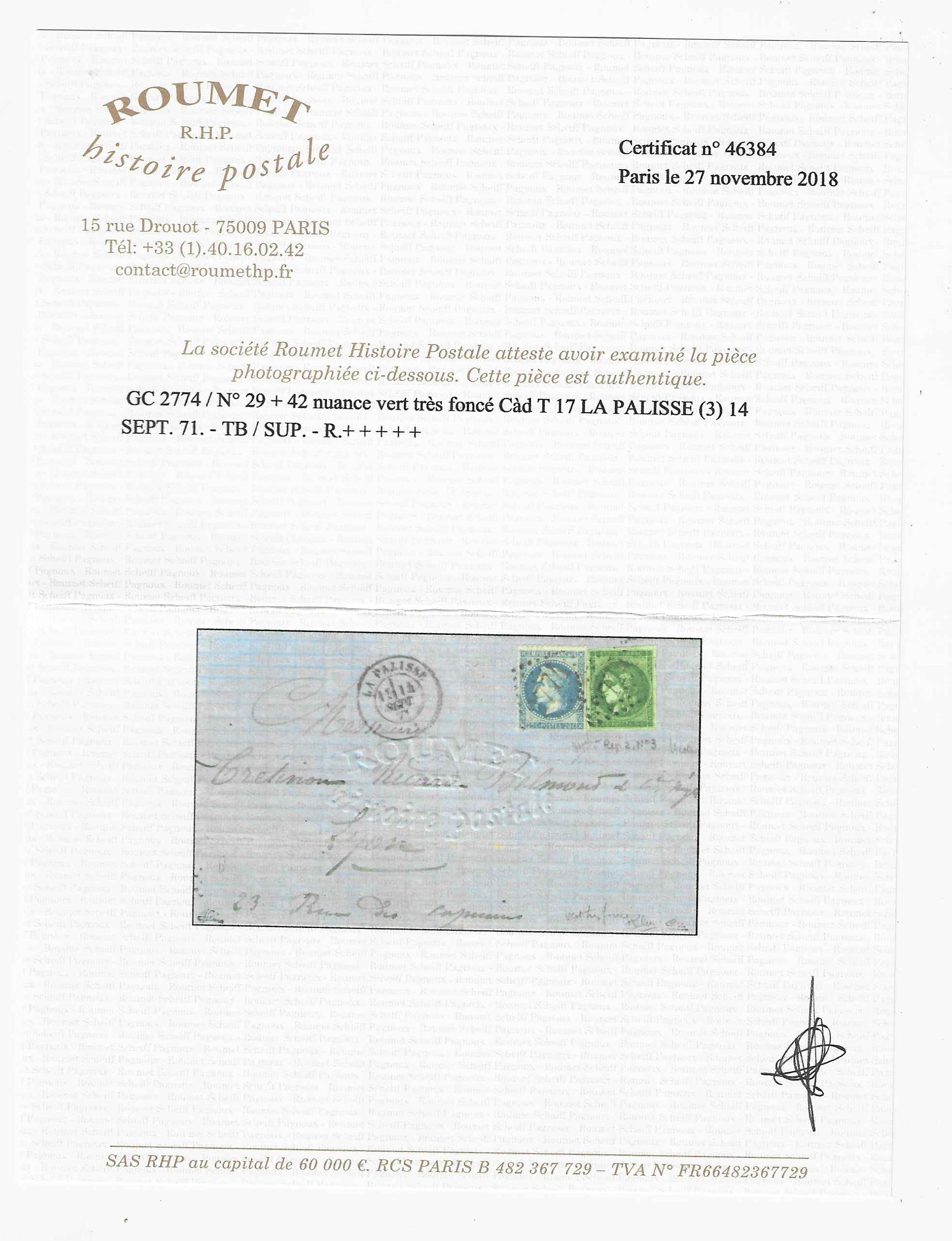 N°42Be - Emission de Bordeaux - 5 c. vert très foncé report 2 - sur lettre - SUP - signée Calves, Brun et Jamet et avec certificats papier Calves et Roumet HP