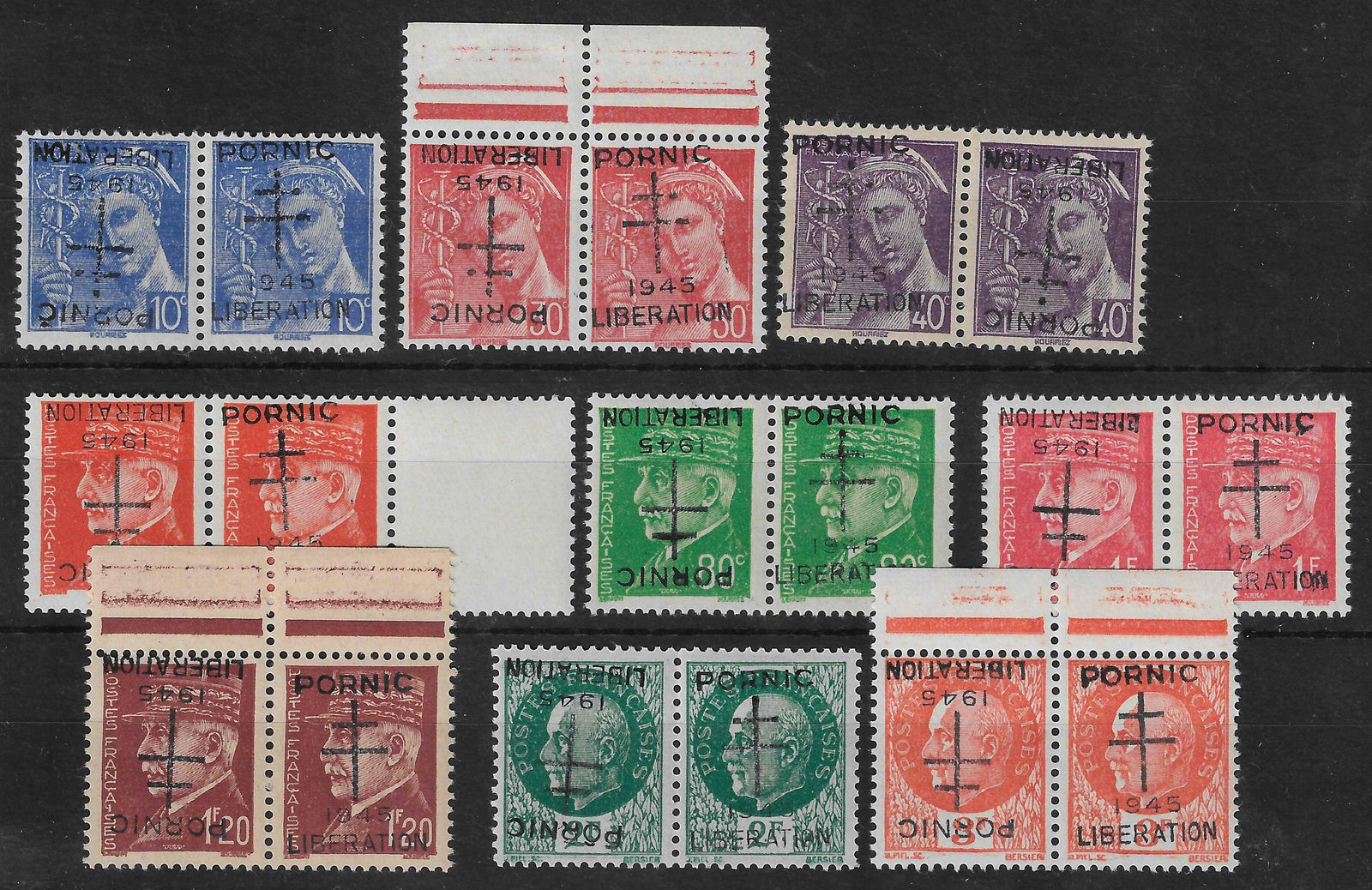 Libération de Pornic - n°1 à 9 - séries complètes - surcharges renversées tenant à normal - neufs** - SUP - signés et avec certificat papier Calves