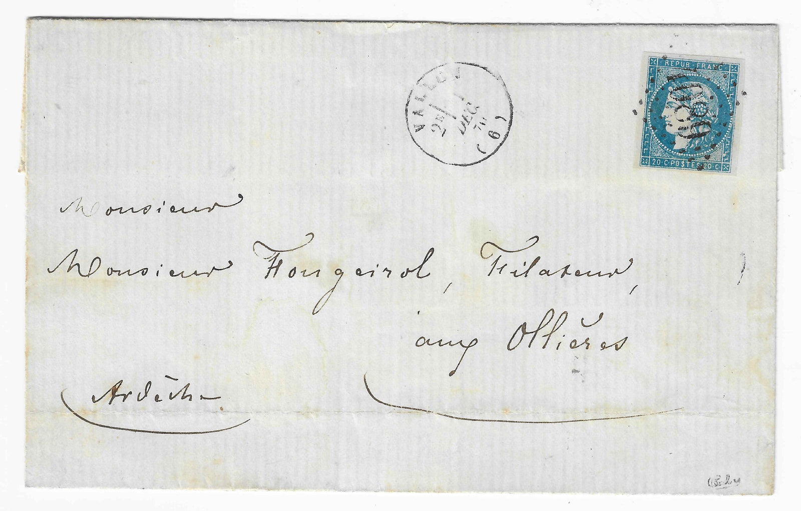 N°44B - Emission de Bordeaux - 20 c. bleu type 1 report 2 - sur lettre - SUP - signé et avec certificat papier Calves