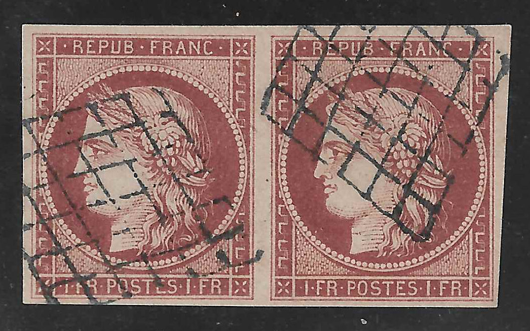 N° 6b - Cérès - 1 fr. carmin foncé - paire - oblitérée - SUP - signée et avec certificat papier Calves