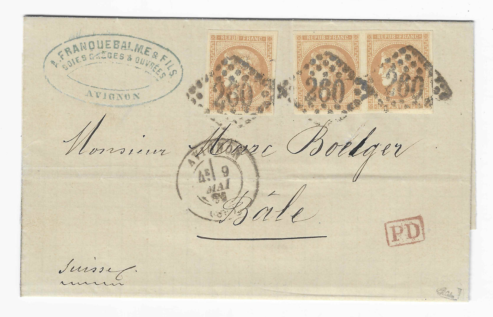 N°43B - Emission de Bordeaux - 10 c. bistre-jaune report 2 - 3 exemplaires dont une paire oblitérés sur lettre - SUP - signée et avec certificat Calves