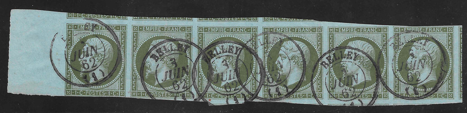 N°11 - Empire - 1 c. olive - bande de 6 exemplaires - oblitérée - signée Calves
