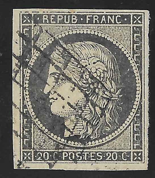 N° 3i - Cérès - 20 c. gris - oblitéré - TB - signé Calves et Scheller et avec certificat papier Calves