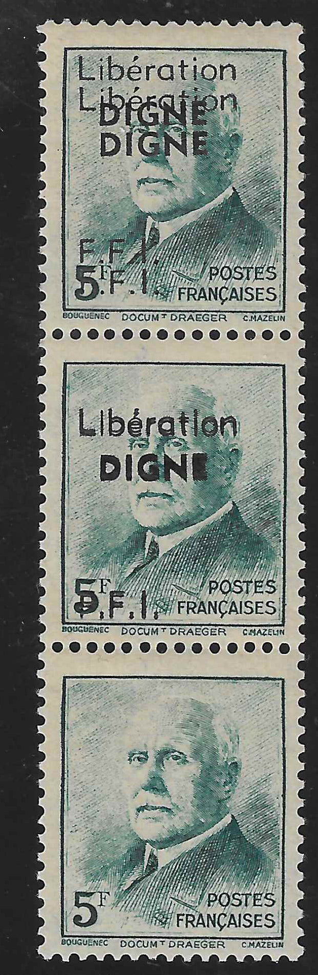 Libération de Digne - n°12 - double surcharge tenant à non surchargé - en bande de 3 - neuve** - SUP - signée Calves et Mayer et avec certificat Calves