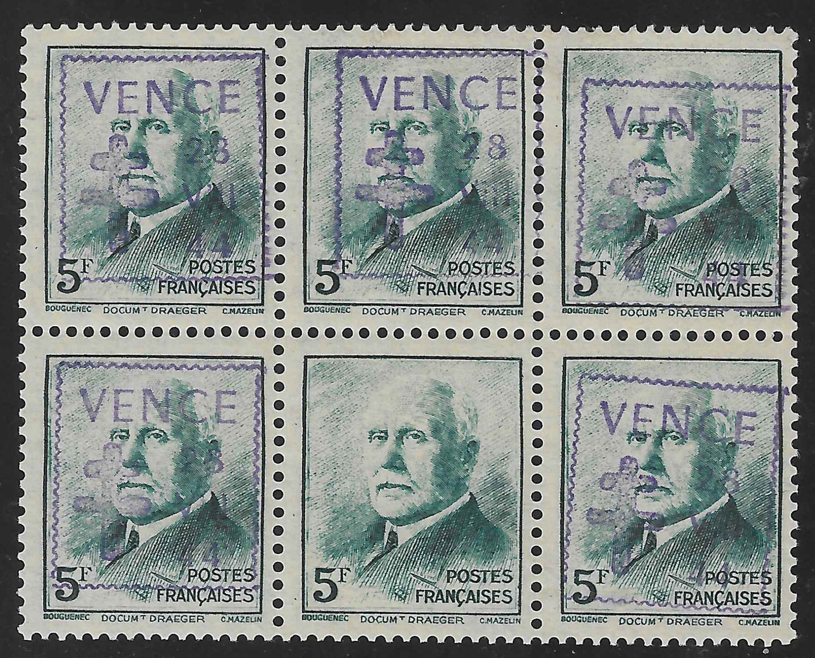 Libération de Vence - n°21 - bloc de 6 exemplaires dont 1 exemplaire non surchargé - neufs** - SUP - signé Calves et Mayer et avec certificat Calves