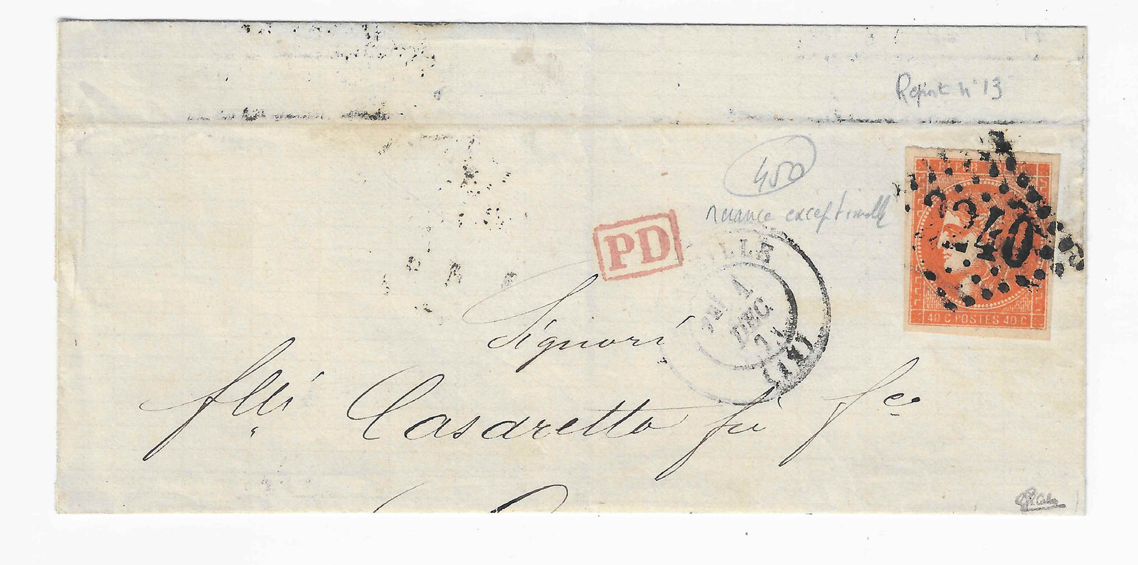 N°48g - Emission de Bordeaux - 40 c. vermillon vif - sur lettre - TB - signé et avec certificat papier Calves