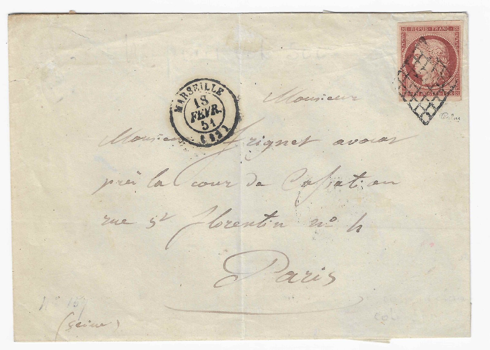 N° 6 - Cérès - 1 fr. carmin - oblitéré étoile sur enveloppe - TB- signé et avec certificat papier Calves