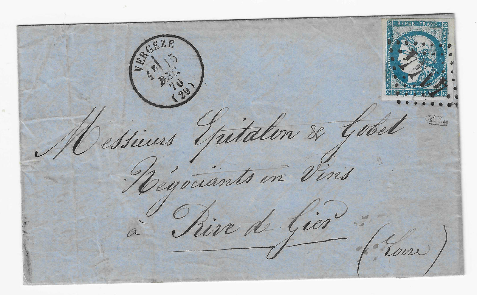 N°44A - Emission de Bordeaux - 20 c. bleu type 1 report 1 - sur lettre - TB - signé et avec certificat papier Calves