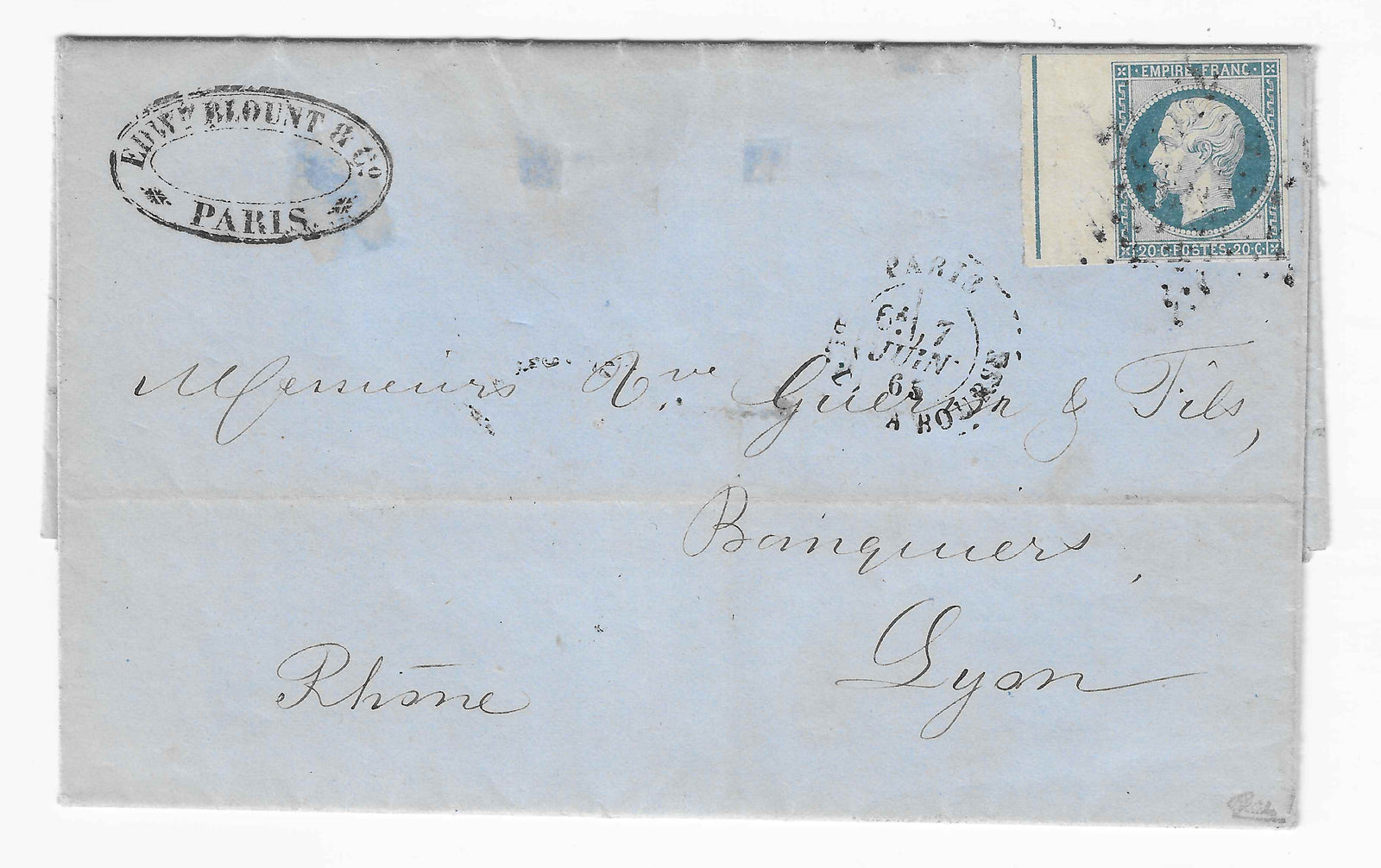 N°14Ai - Empire - 20 c. bleu type I avec filet d'encadrement - sur lettre - SUP - signée et avec certificats papier Calves et Behr