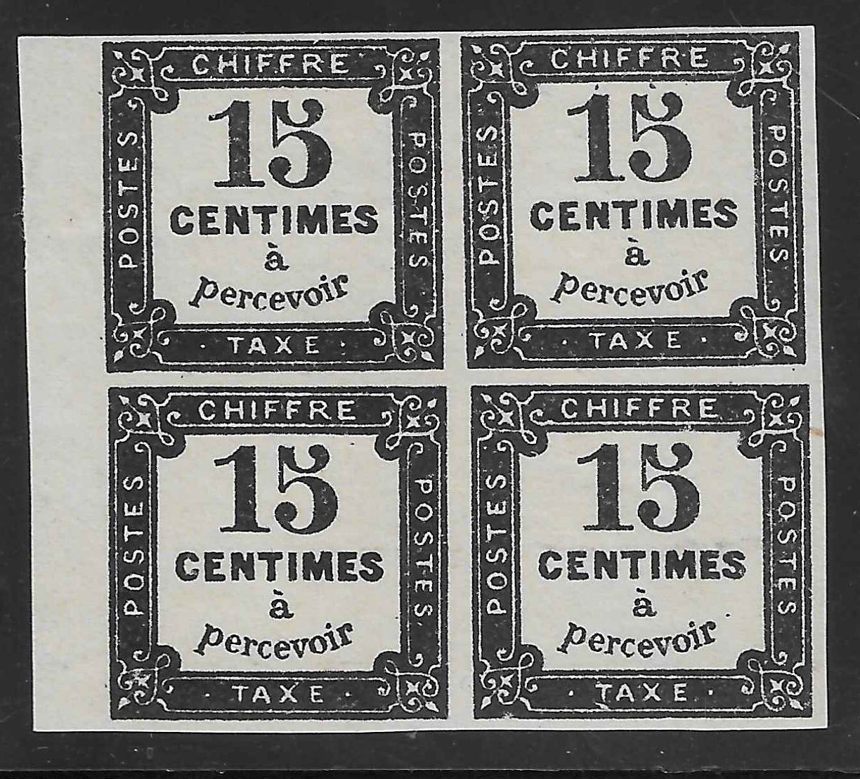 Taxe n° 3 - 15 c. noir (I) - bloc de 4 exemplaires - neuf** - SUP - signé Calves