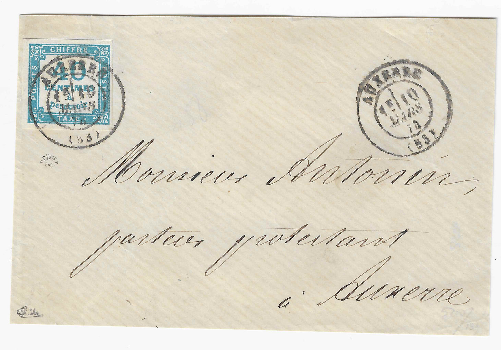 Taxe n° 7 - 40 c. bleu - oblitéré sur devant de lettre - SUP - signé Calves et Roumet et avec certificat papier Calves