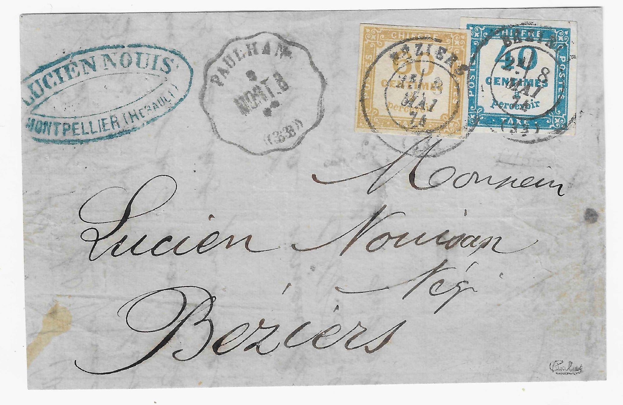 Taxe n° 7 et 8 - 40 c. bleu et 60 c. bistre-jaune - oblitérés sur devant de lettre - SUP - signé Calves et avec certificats papier Calves et Roumet