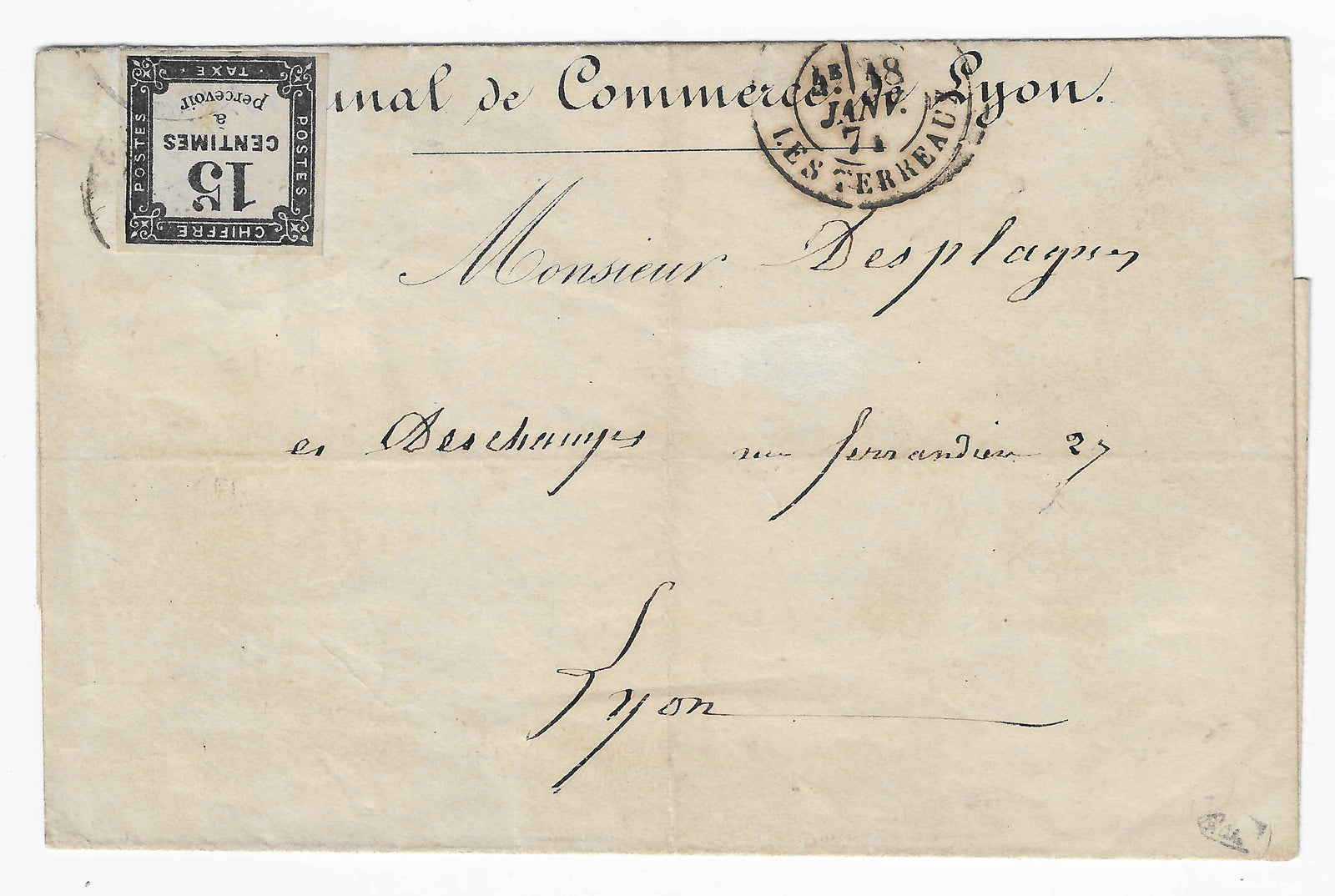 Taxe n° 4 - 15 c.noir - lithographié - oblitéré sur lettre - TB - signé et avec certificat Calves