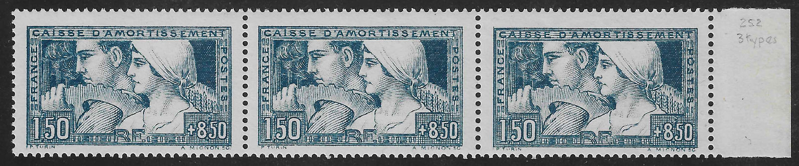 N°YT 252, 252a et 252b - les 3 états se tenant - neufs** - SUP - signés Roumet et avec certificat papier Calves