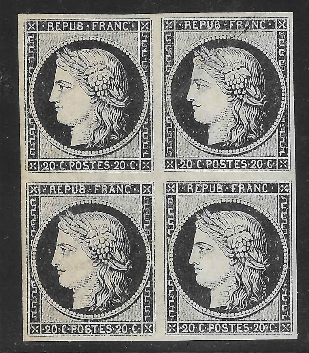 N° 3a - Cérès - 20 c. noir sur blanc - bloc de 4 exemplaires - neuf* - TB - signé et avec certificat papier Calves
