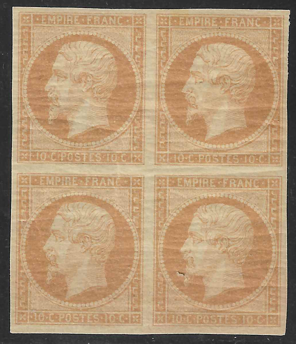 N°13A - Empire - 10 c. bistre type I - bloc de 4 exemplaires - neuf** - SUP - signé et avec certificat papier Calves
