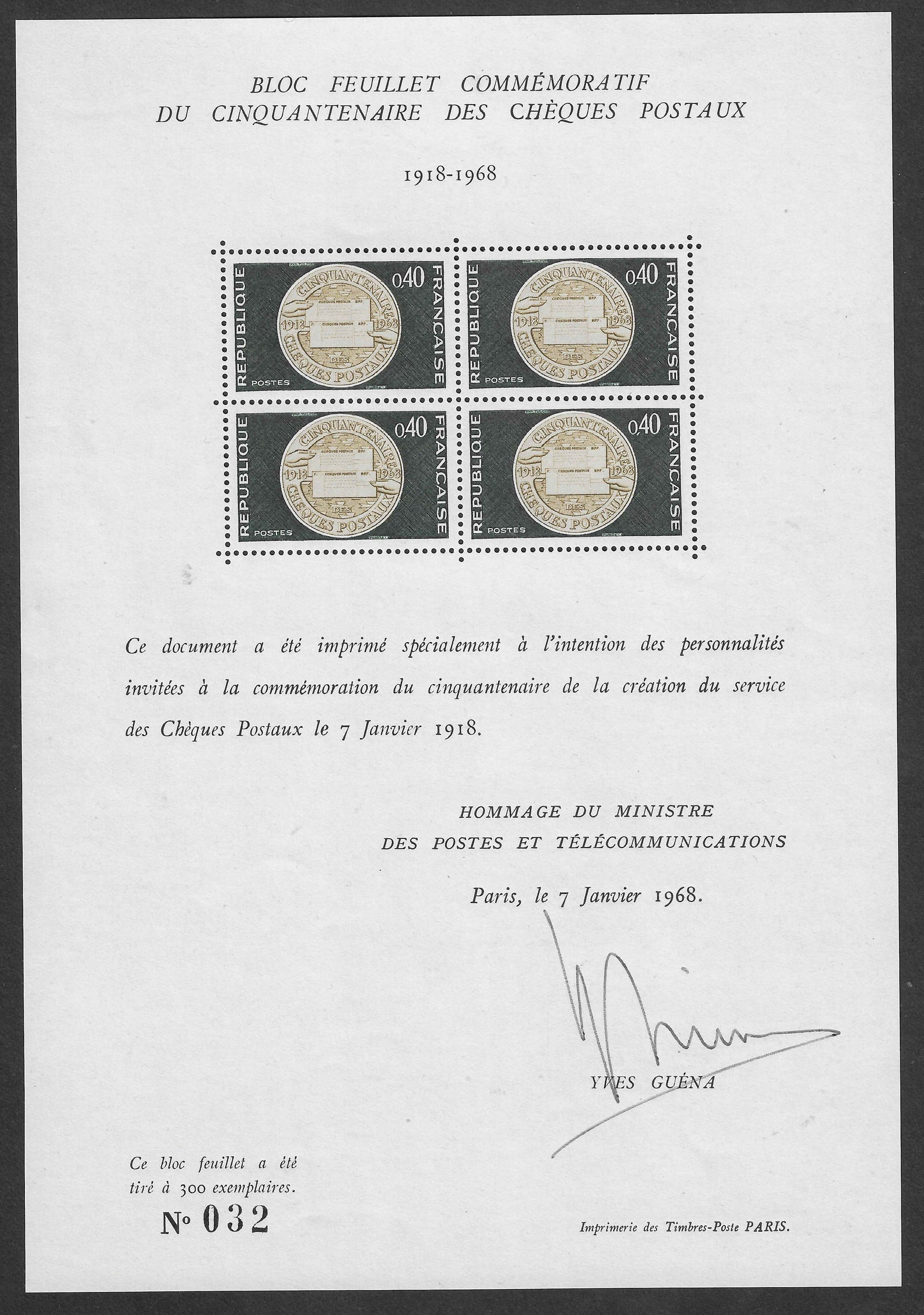 N°Yvert 1542 - bloc commémoratif chèques postaux - neuf** - SUP - avec certificat papier Calves