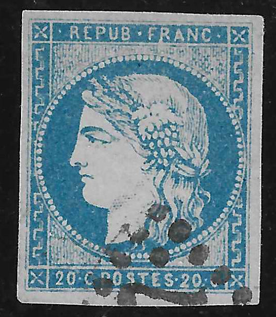 N°44A - Emission de Bordeaux - 20 c. bleu type 1 report 1 - oblitéré - SUP - signé Calves et Brun et avec certificat Calves