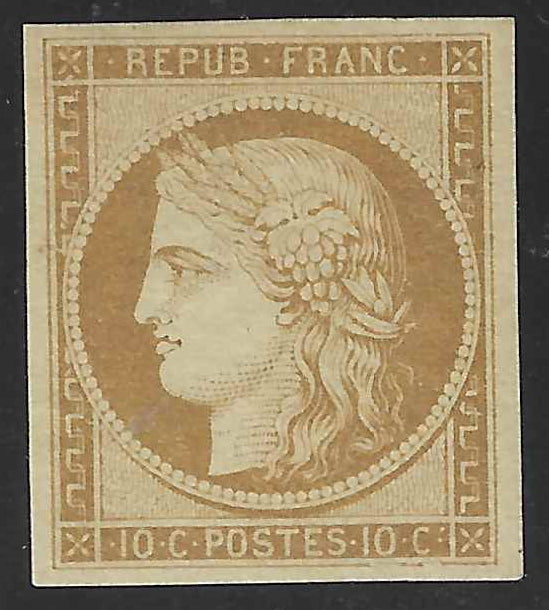 N° 1 - Cérès - 10 c. bistre-jaune - neuf* - SUP - signé Calves et Scheller et avec certificat papier Calves