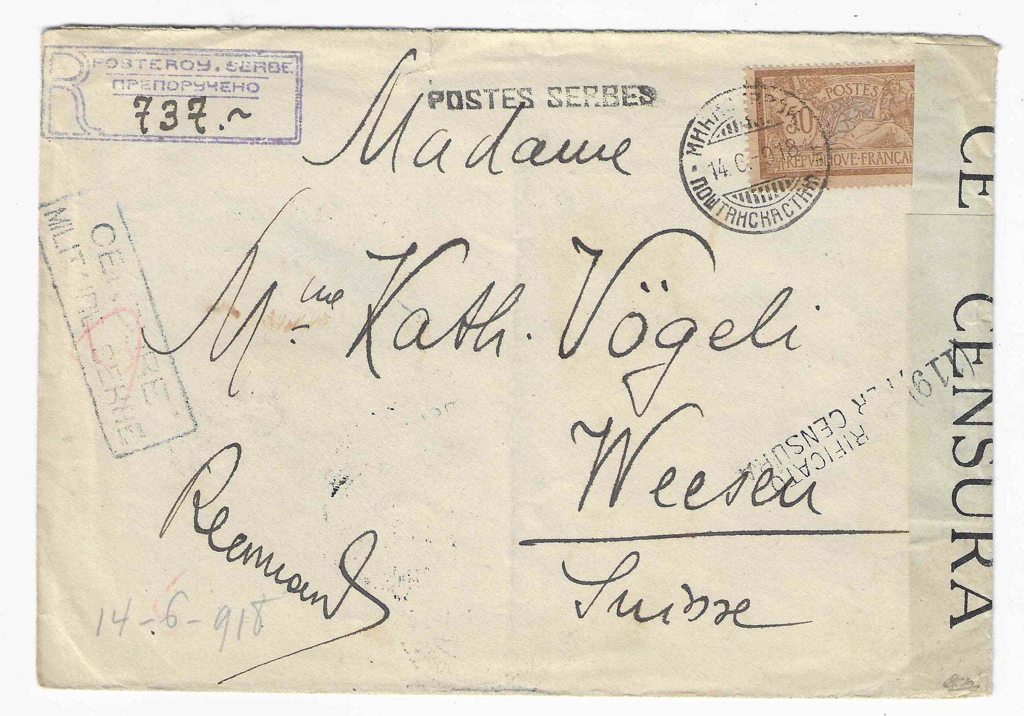 Postes serbes n°10a - Merson - oblitéré sur lettre recommandée - TB - signée Calves