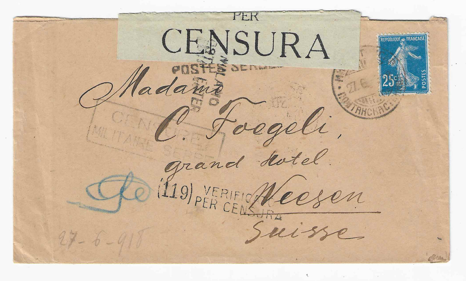 Postes serbes n° 5 - Semeuse - oblitéré sur lettre - TB - signée Calves