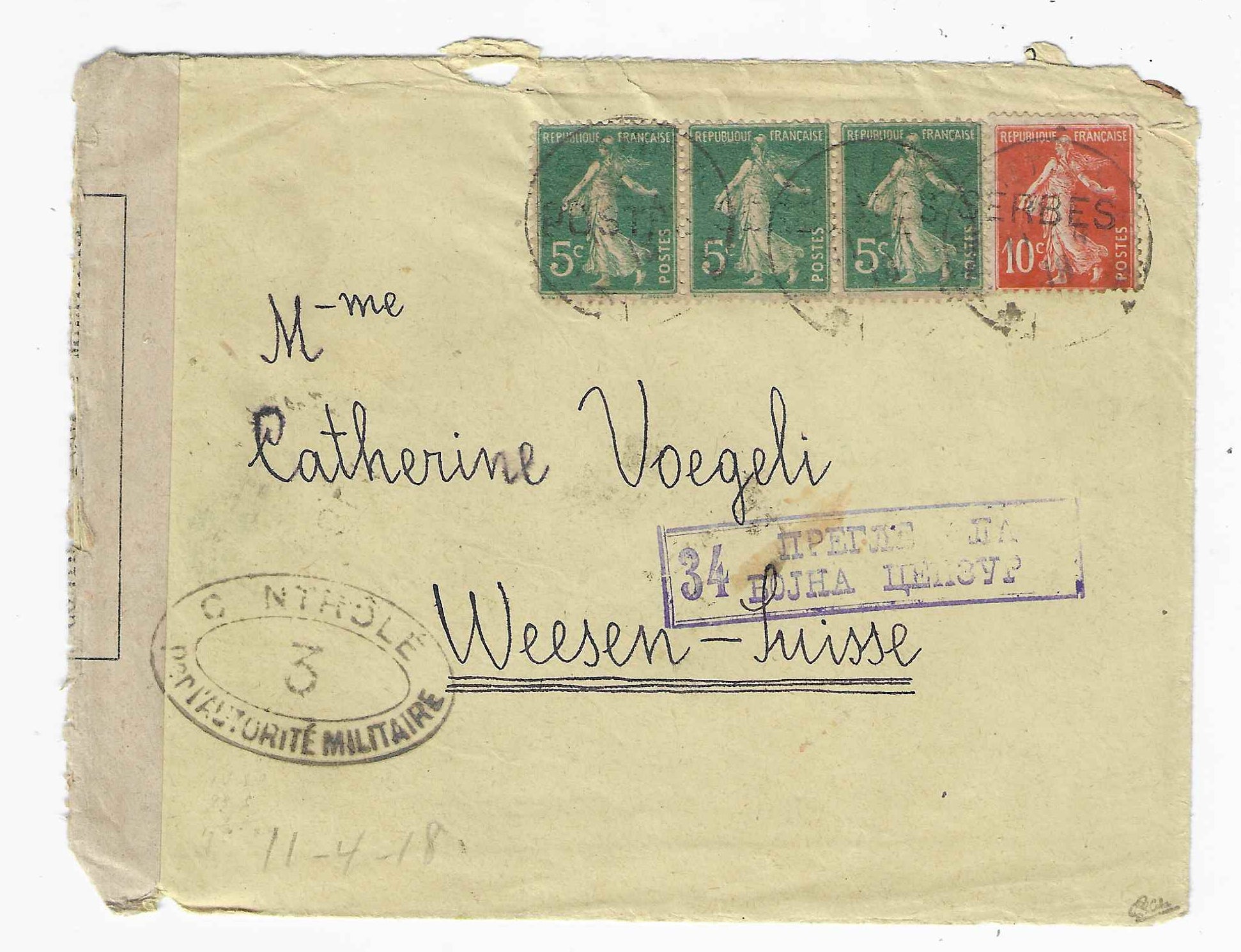 Postes serbes n° 1 et 2 - Semeuse - oblitérés sur lettre recommandée - TB - signée Calves