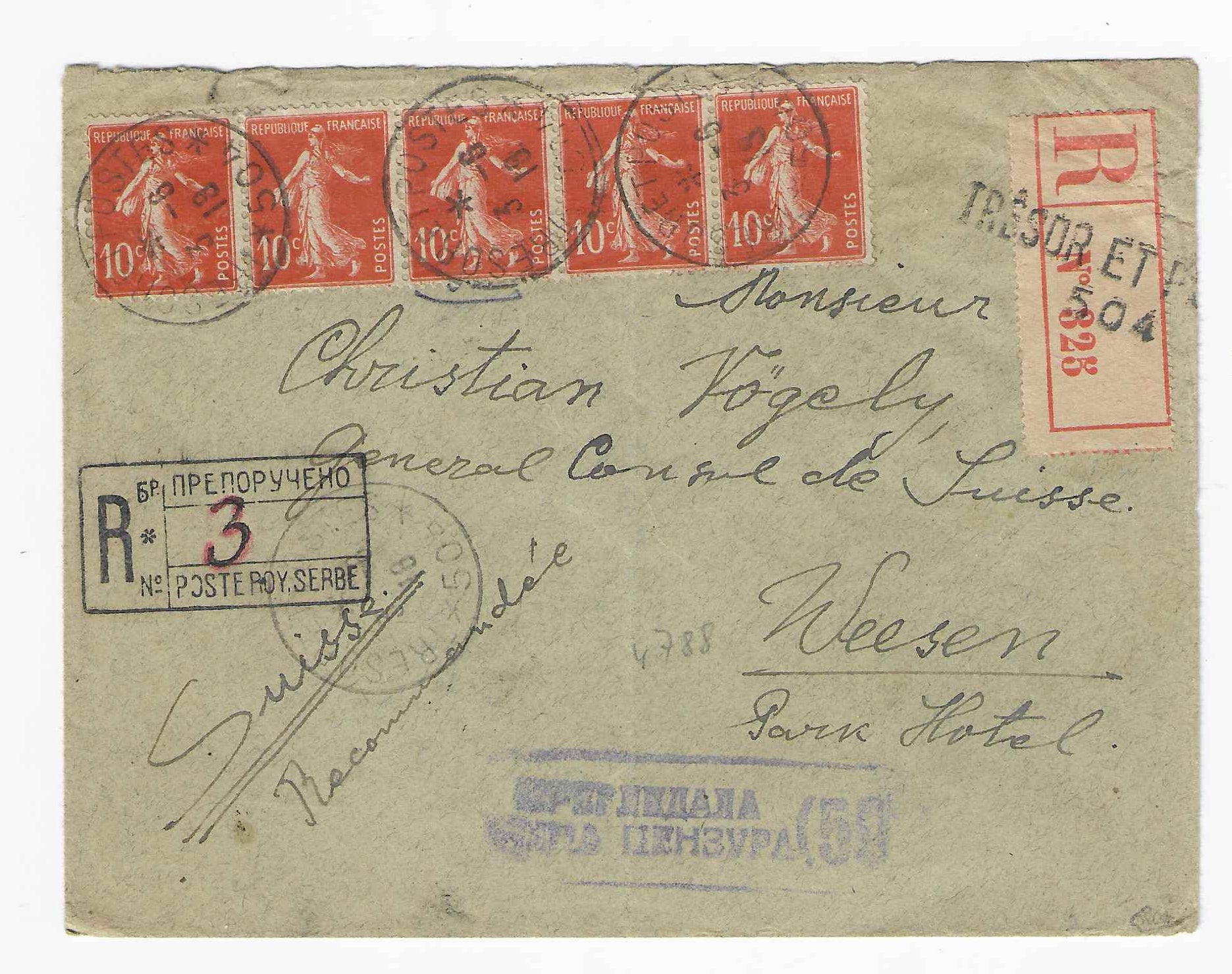 Postes serbes n° 2 - Semeuse - oblitérés sur lettre recommandée - TB - signée Calves