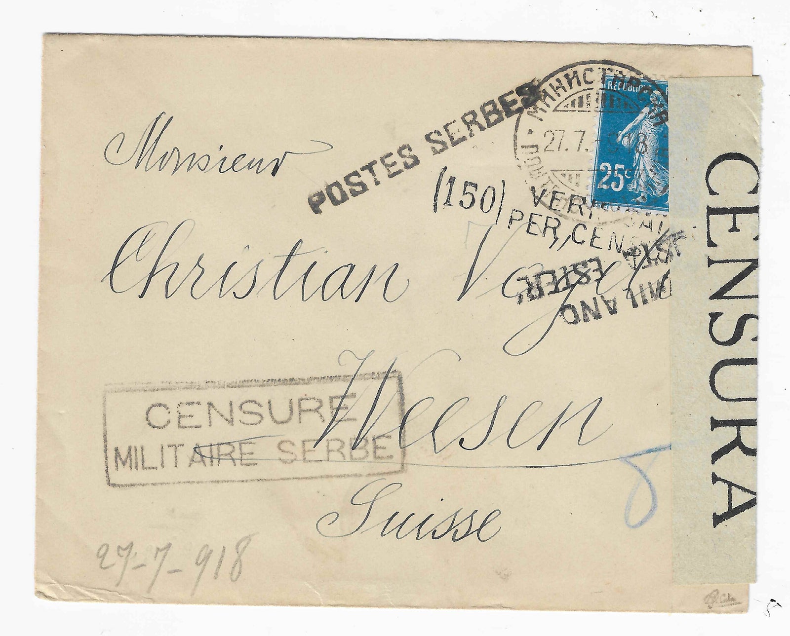 Postes serbes n° 5 - Semeuse - oblitéré sur lettre - TB - signée Calves