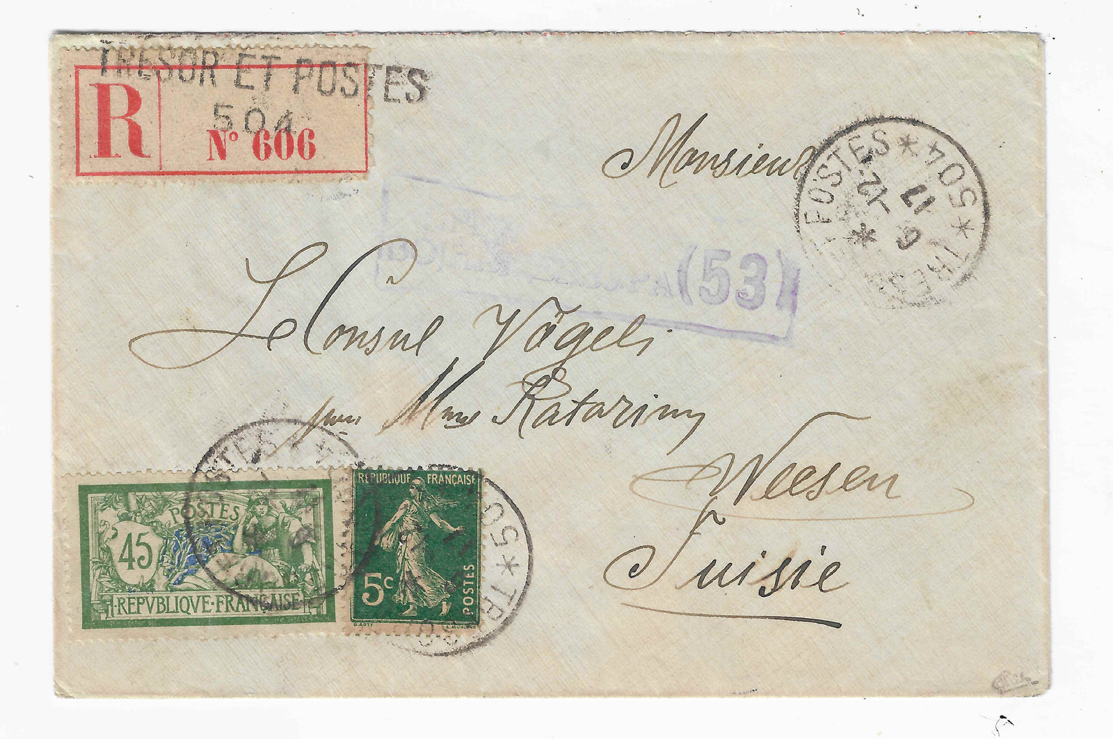 Postes serbes n° 1 et 9 - Semeuse et Merson - oblitérés sur lettre recommandée - TB - signée Calves