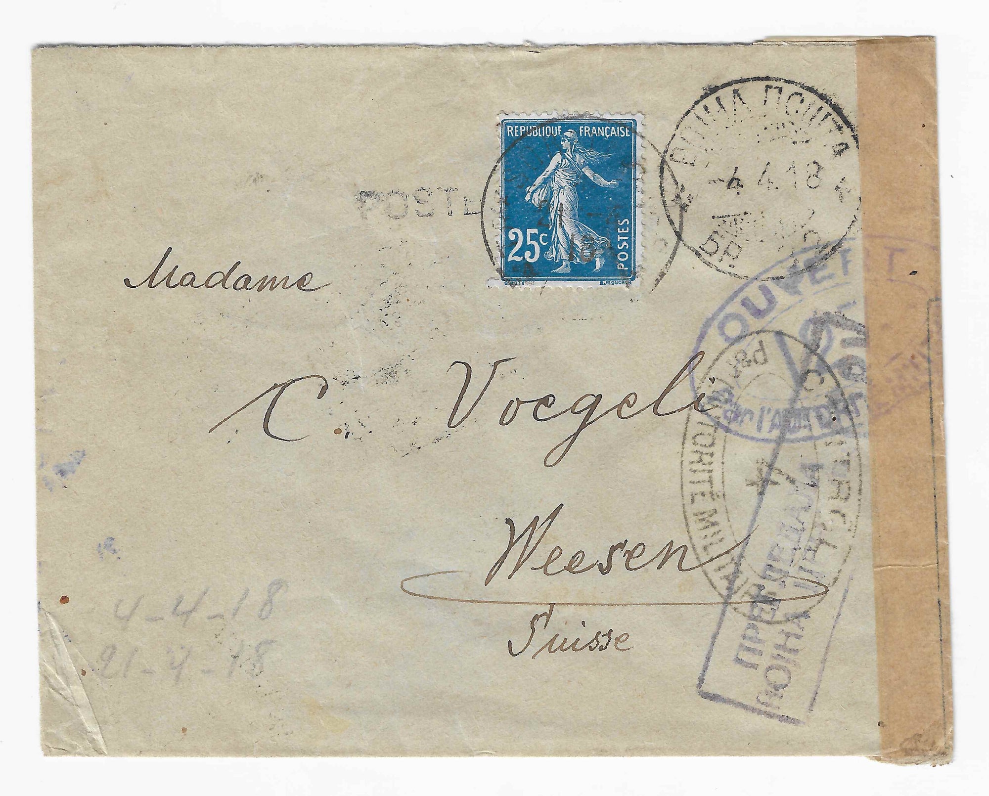 Postes serbes n° 5 - Semeuse - oblitéré sur lettre - TB - signée Calves