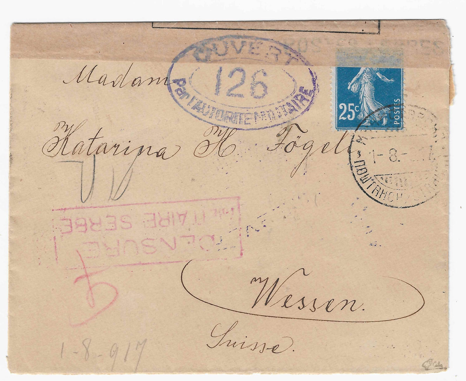 Postes serbes n° 5 - Semeuse - oblitéré sur lettre - TB - signée Calves