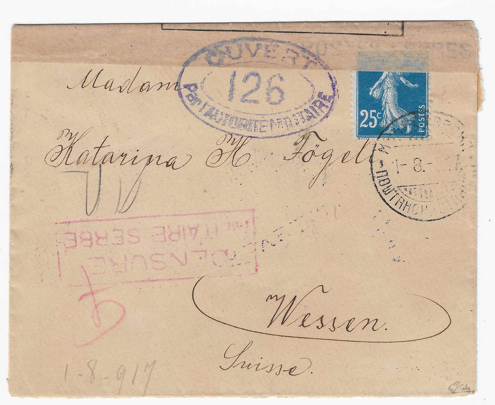 Postes serbes n° 5 - Semeuse - oblitéré sur lettre - TB - signée Calves