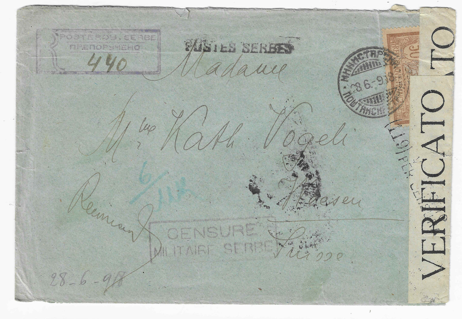 Postes serbes n°10a - Merson - oblitéré sur lettre recommandée - TB - signée Calves