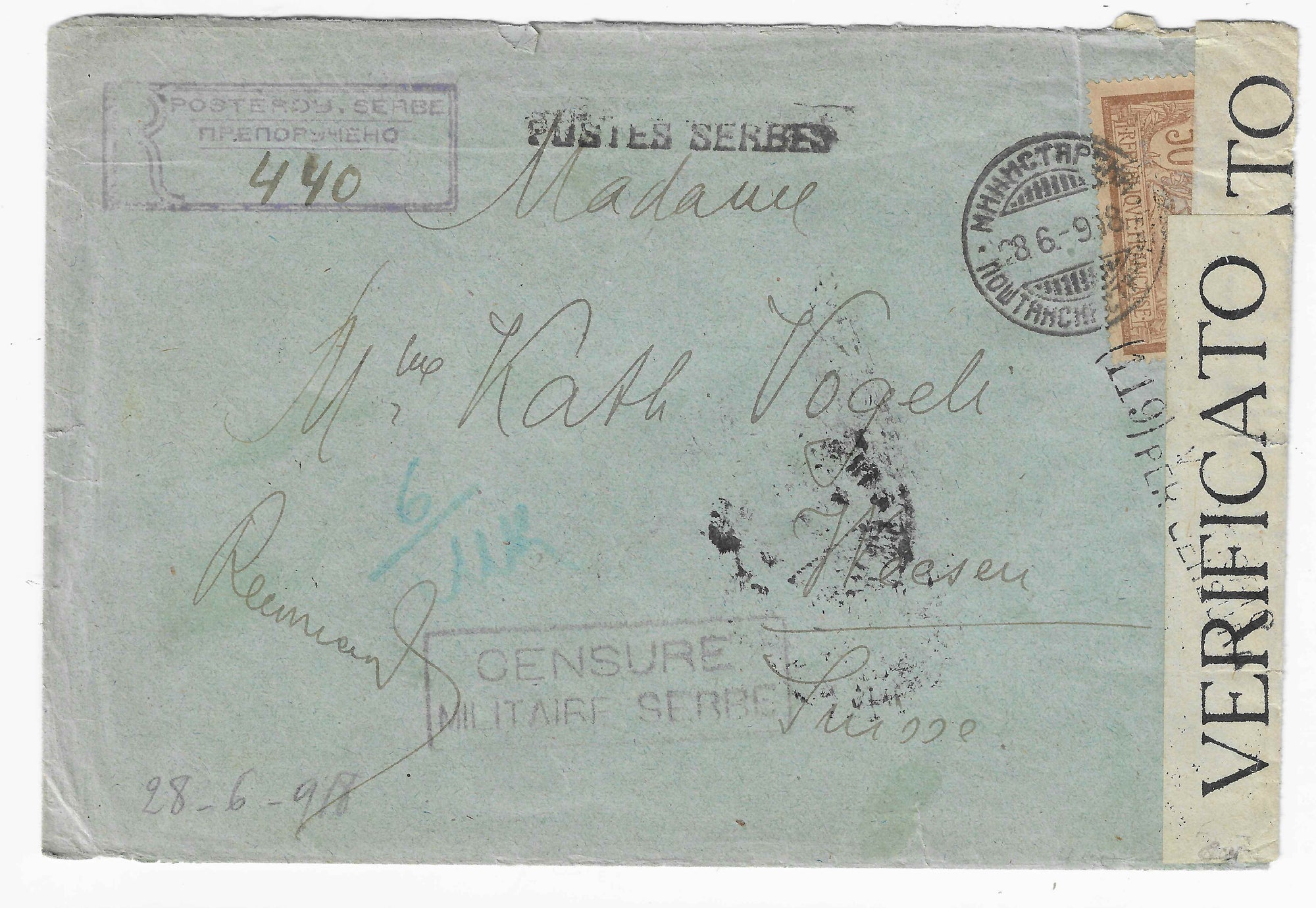 Postes serbes n°10a - Merson - oblitéré sur lettre recommandée - TB - signée Calves