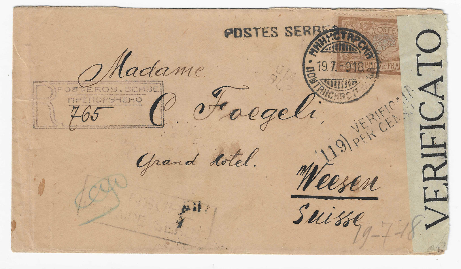 Postes serbes n°10a - Merson - oblitéré sur lettre recommandée - TB - signée Calves