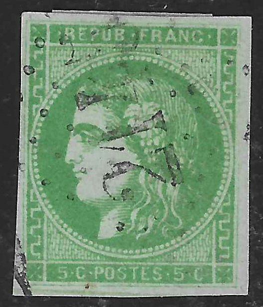 N°42B - Emission de Bordeaux - 5 c. vert-jaune report 2 - oblitéré - TB - signé Calves