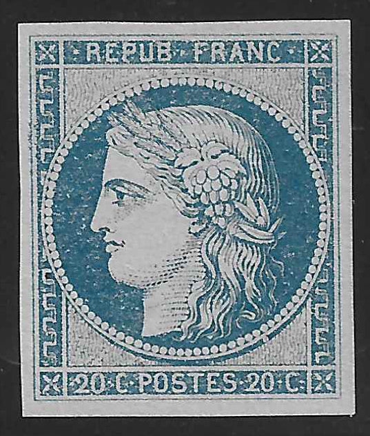 N° 8b - Cérès - 20 c. bleu sur azuré dit Astruc - neuf* - TB - signé Brun et avec certificats papier Calves et Scheller