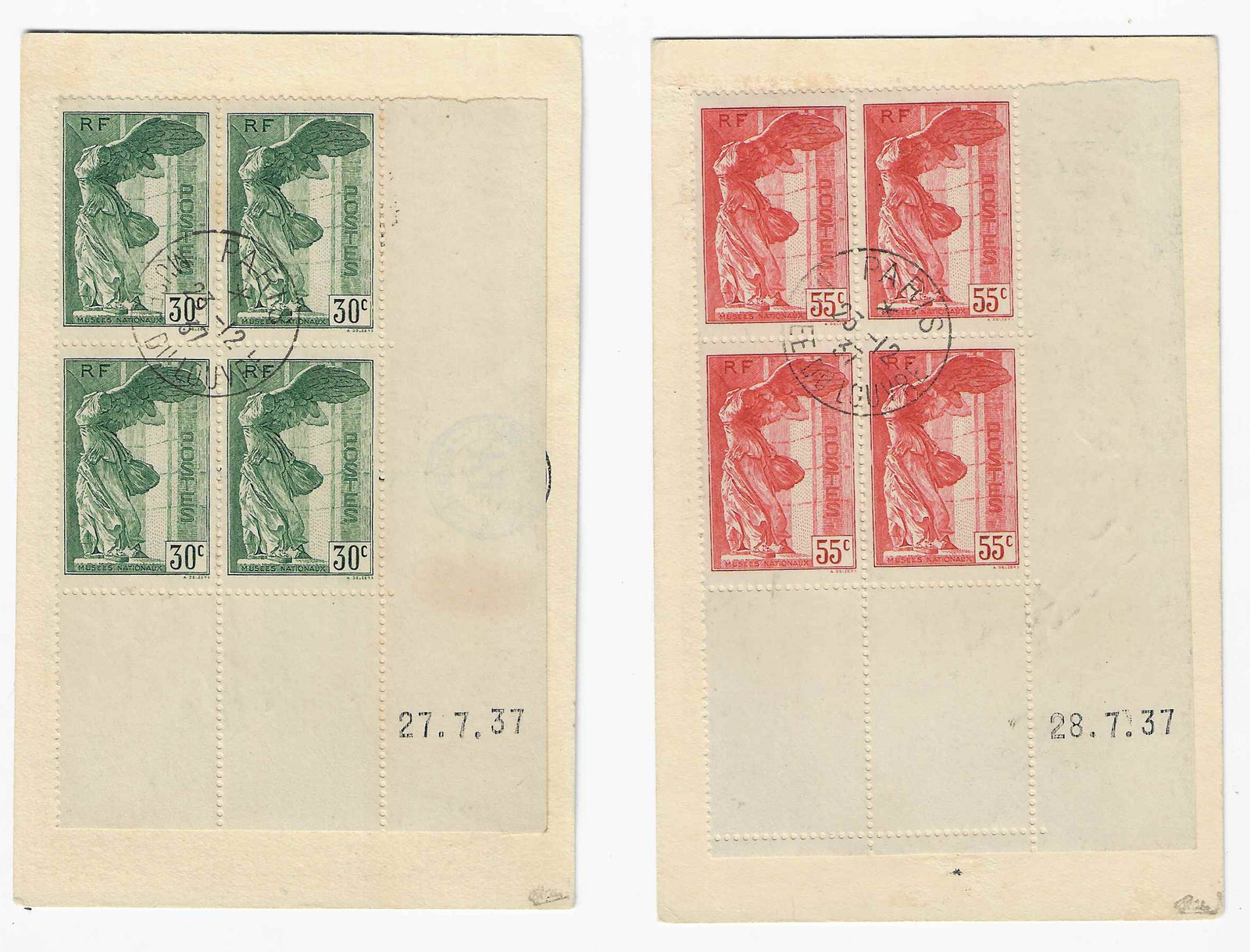 N°YT 354-355 - Victoire de Samothrace - blocs de 4 exemplaires coins datés sur cartes - TB - signées Calves