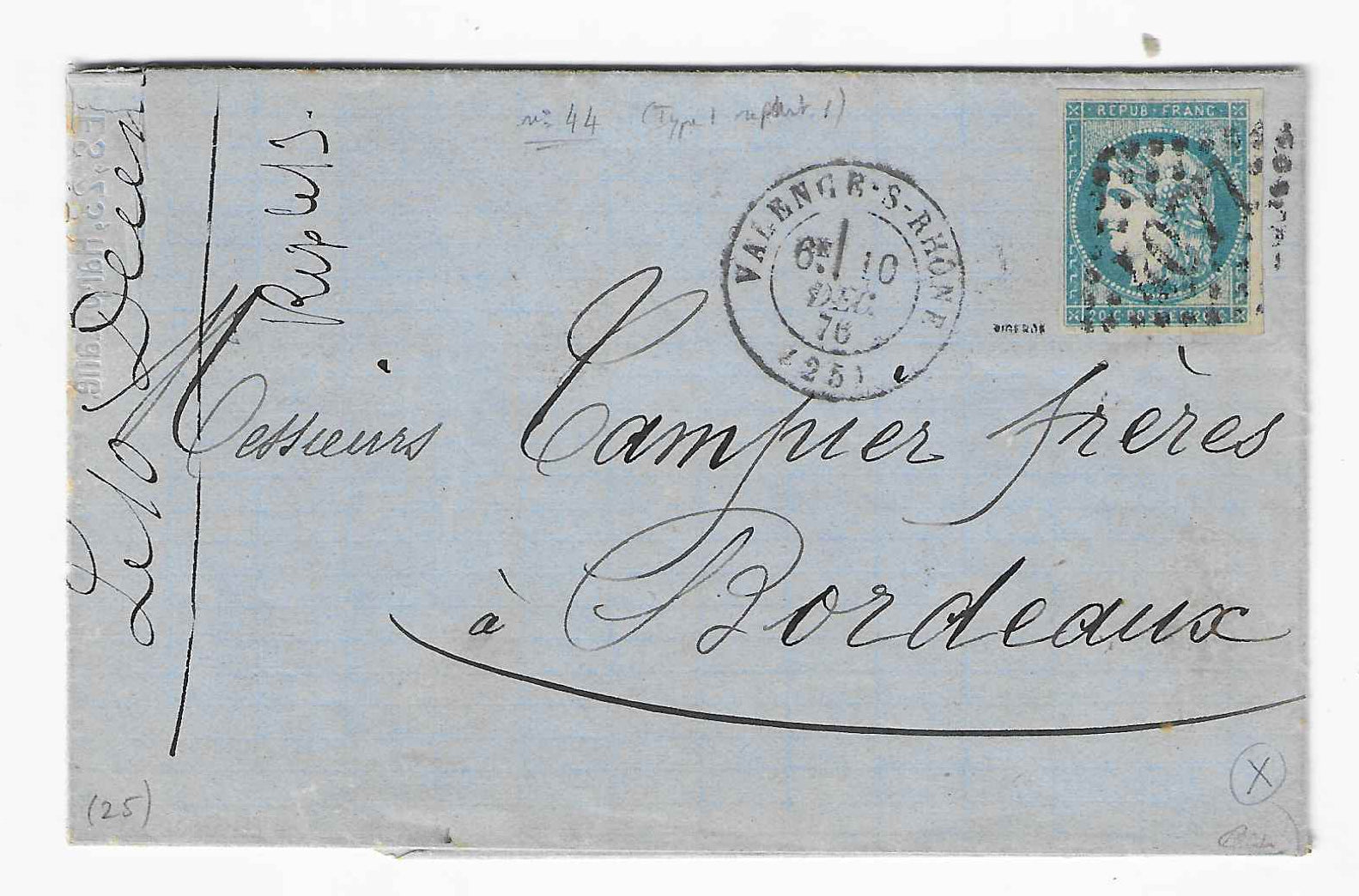 N°44A - Emission de Bordeaux - 20 c. bleu type 1 report 1 - oblitéré sur lettre - TB - signé eet avec certificat Calves