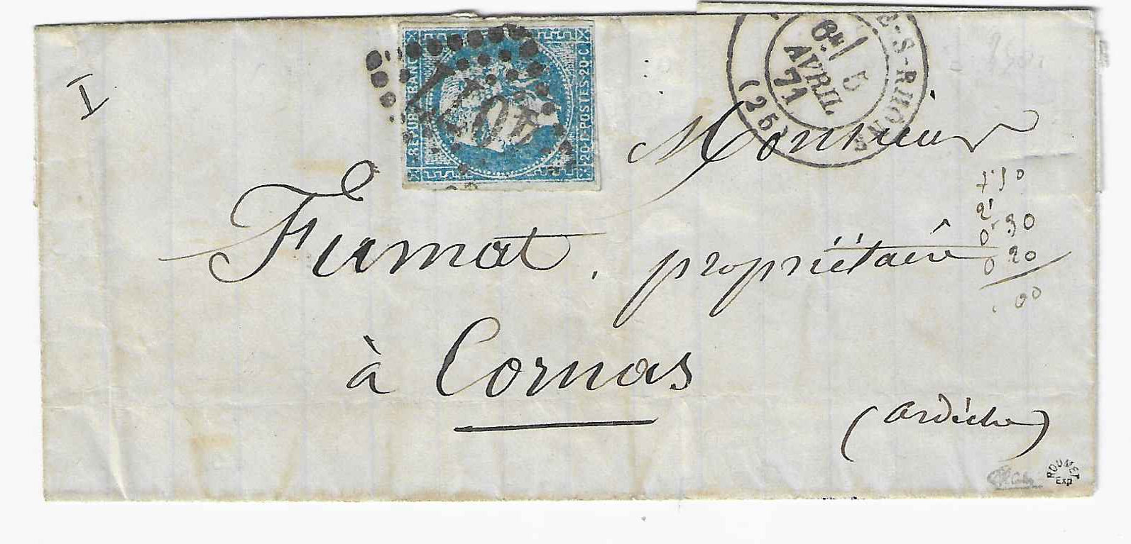 N°46B - faux de Marseille - sur lettre - TB - signé Calves et Roumet et avec certificat papier Calves