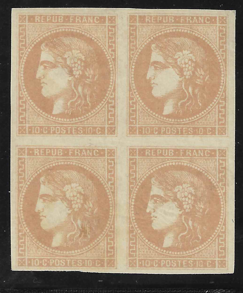 N°43A - Emission de Bordeaux - 10 c; bistre report 1 - bloc de 4 exemplaires - signé et avec certificat papier Calves